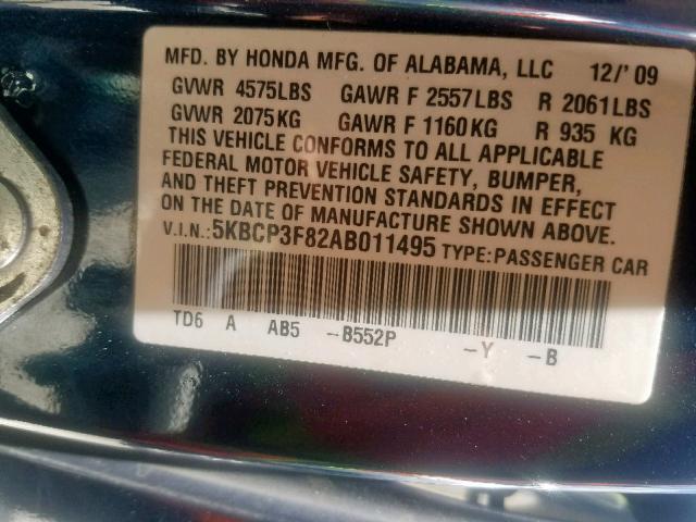 5KBCP3F82AB011495 - 2010 HONDA ACCORD EXL BLUE photo 10