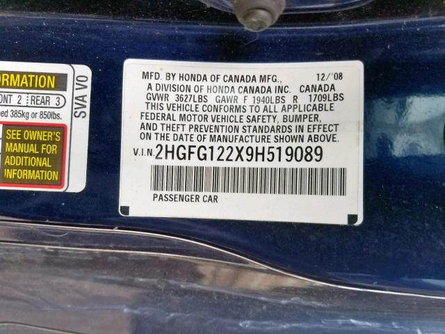 2HGFG122X9H519089 - 2009 HONDA CIVIC DX BLUE photo 10