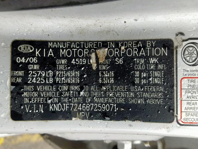 KNDJF724667259071 - 2006 KIA NEW SPORTA SILVER photo 10