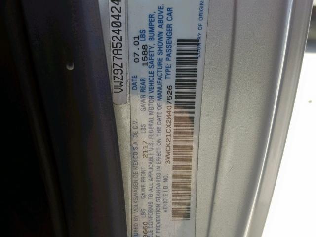 3VWCK21CX2M407526 - 2002 VOLKSWAGEN NEW BEETLE ვერცხლისფერი ფოტო 10