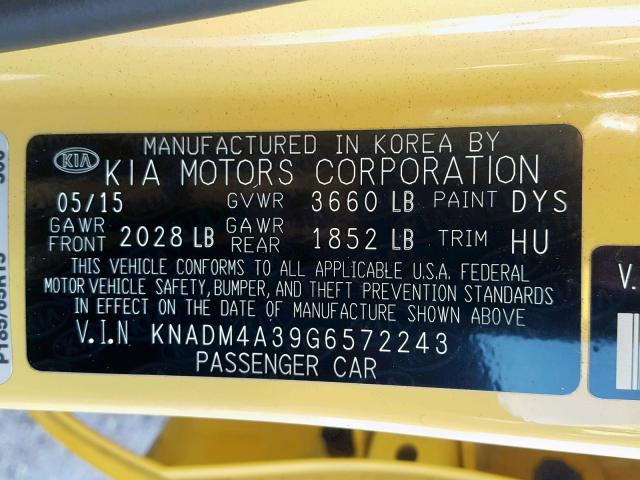 KNADM4A39G6572243 - 2016 KIA RIO LX YELLOW photo 10