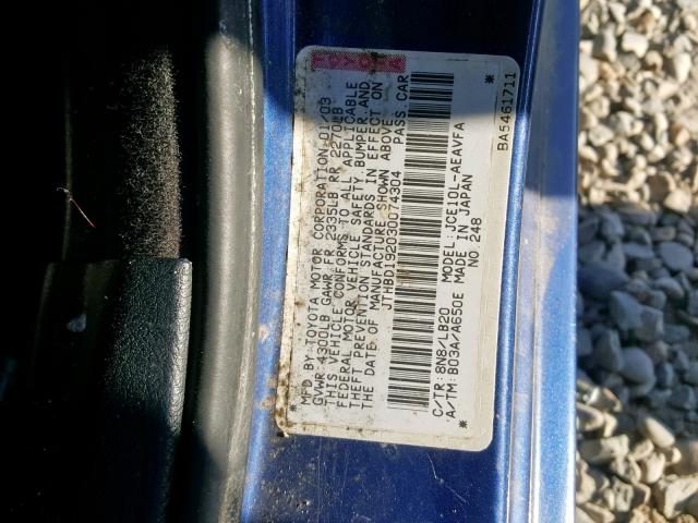 JTHBD192030074304 - 2003 LEXUS IS 300 BLUE photo 10