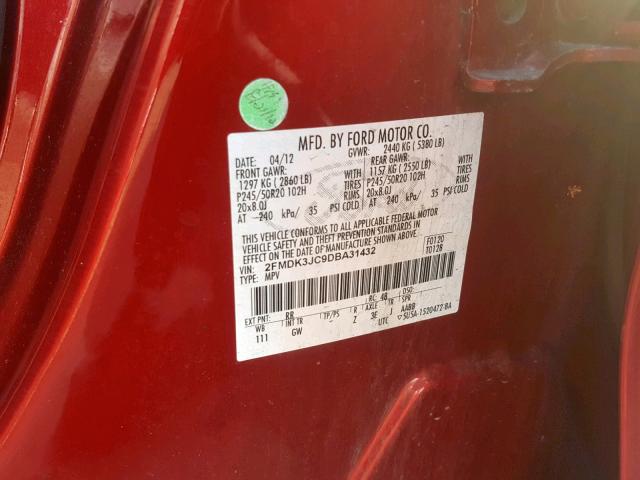 2FMDK3JC9DBA31432 - 2013 FORD EDGE SEL RED photo 10