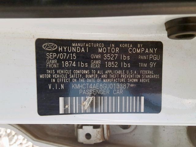 KMHCT4AE8GU013387 - 2016 HYUNDAI ACCENT SE WHITE photo 10