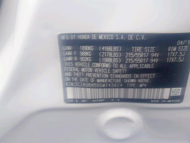 3CZRU6H50GM743824 - 2016 HONDA HR-V EX WHITE photo 10