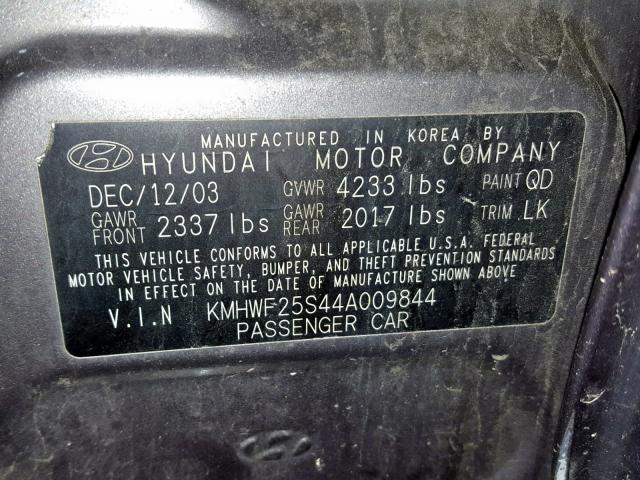 KMHWF25S44A009844 - 2004 HYUNDAI SONATA GL GRAY photo 10