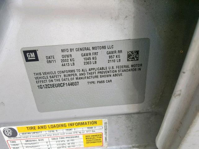 1G1ZC5EU8CF144607 - 2012 CHEVROLET MALIBU 1LT 银色 照片 10