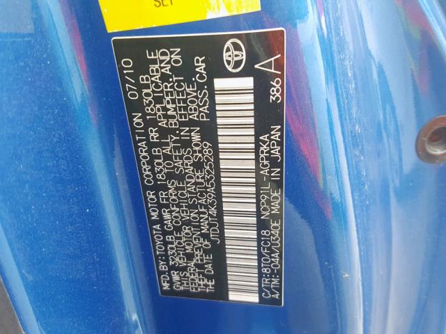 JTDJT4K39A5325289 - 2010 TOYOTA YARIS BLUE photo 10