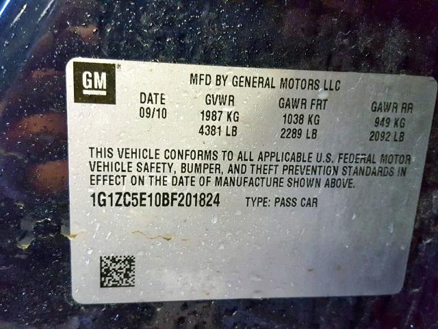 1G1ZC5E10BF201824 - 2011 CHEVROLET MALIBU 1LT 蓝色 照片 10