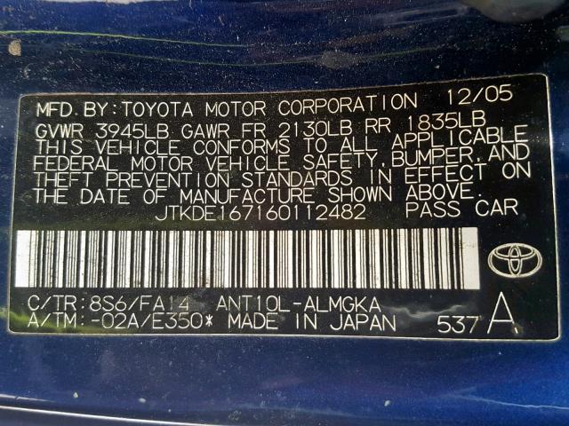 JTKDE167160112482 - 2006 TOYOTA SCION TC ლურჯი ფოტო 10