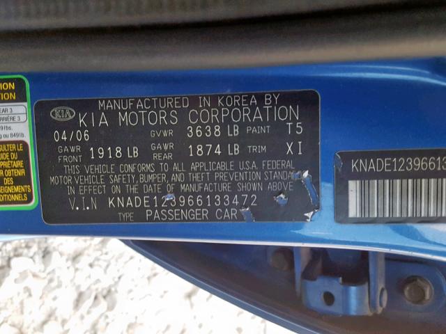 KNADE123966133472 - 2006 KIA RIO BLUE photo 10