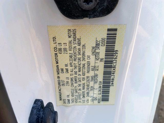 1N4BL24EX8C126299 - 2008 NISSAN ALTIMA 3.5 WHITE photo 10