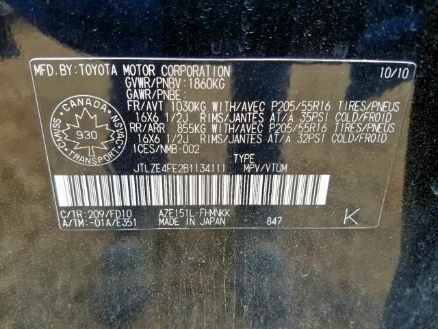 JTLZE4FE2B1134111 - 2011 TOYOTA SCION XB 黑色 照片 10