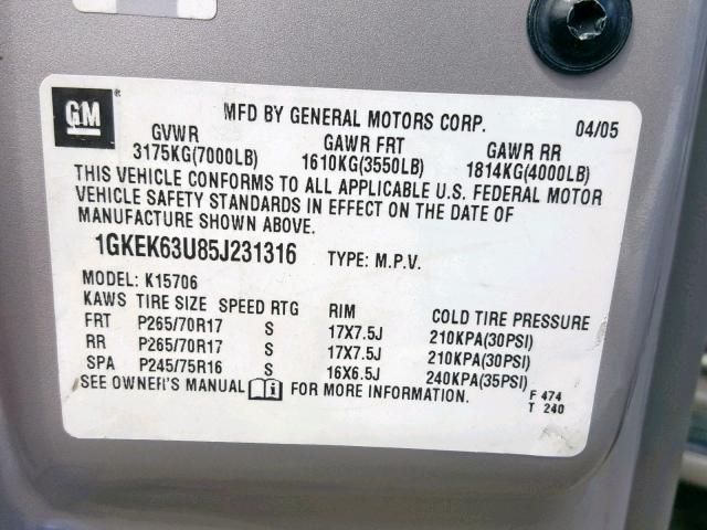 1GKEK63U85J231316 - 2005 GMC YUKON DENA BEIGE photo 10