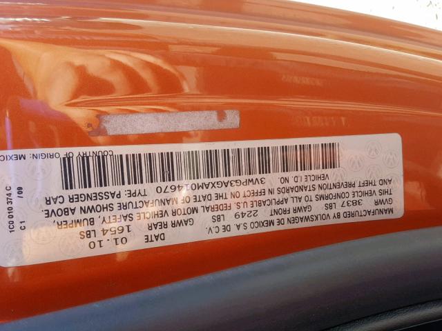 3VWPG3AGXAM014670 - 2010 VOLKSWAGEN NEW BEETLE ნარინჯისფერი ფოტო 10