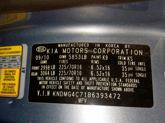 KNDMG4C71B6393472 - 2011 KIA SEDONA LX BLUE photo 10