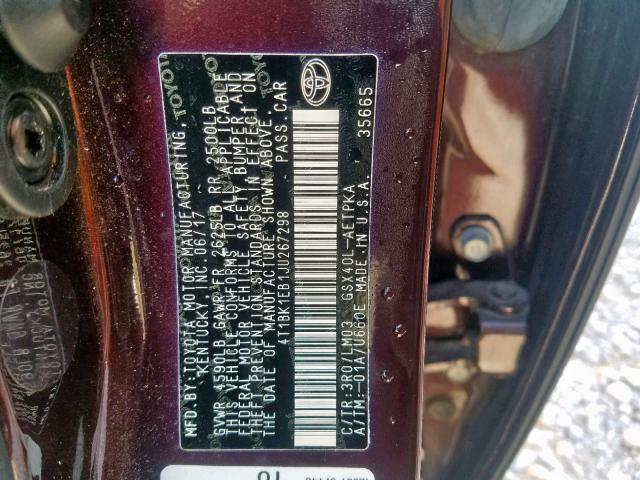 4T1BK1EB1JU267298 - 2018 TOYOTA AVALON XLE BURGUNDY photo 10