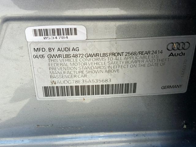 WAUDG78E35A535683 - 2005 AUDI A4 3.2 QUA SILVER photo 10