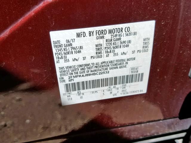 2FMPK4J89HBC22532 - 2017 FORD EDGE SEL BURGUNDY photo 10