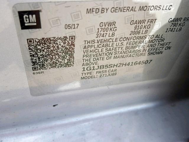 1G1JB5SH2H4164507 - 2017 CHEVROLET SONIC LS 银色 照片 10