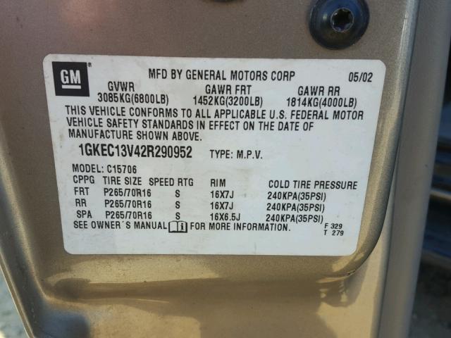 1GKEC13V42R290952 - 2002 GMC YUKON TAN photo 10