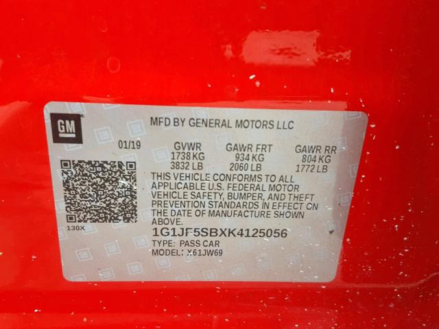 1G1JF5SBXK4125056 - 2019 CHEVROLET SONIC PREM RED photo 10