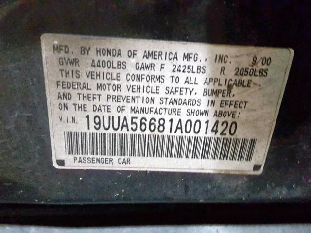 19UUA56681A001420 - 2001 ACURA 3.2TL BLACK photo 10