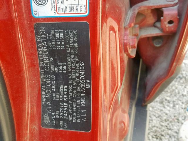 KNDJF723957041082 - 2005 KIA NEW SPORTA RED photo 10