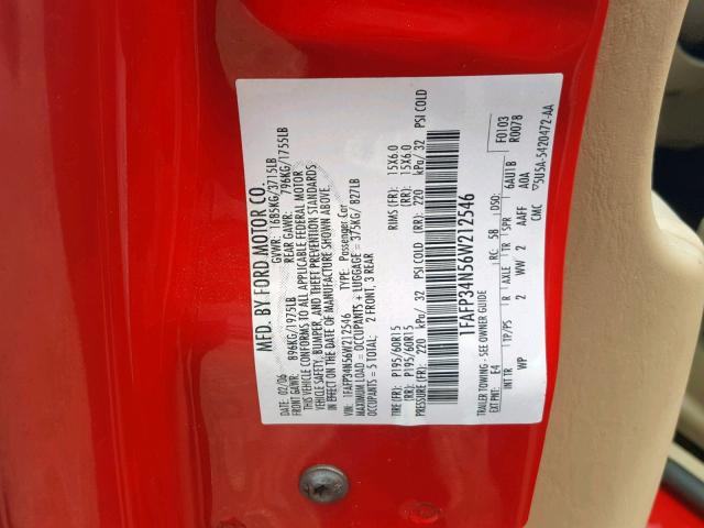 1FAFP34N56W212546 - 2006 FORD FOCUS ZX4 RED photo 10