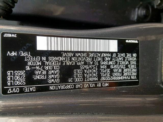 YV449MRR8H2120187 - 2017 VOLVO XC60 T6 DY GRAY photo 10