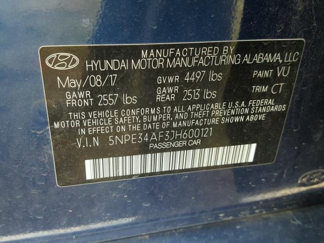 5NPE34AF3JH600121 - 2018 HYUNDAI SONATA SPO BLUE photo 10