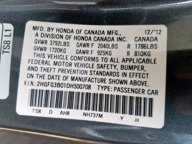 2HGFG3B01DH500708 - 2013 HONDA CIVIC EXL SILVER photo 10