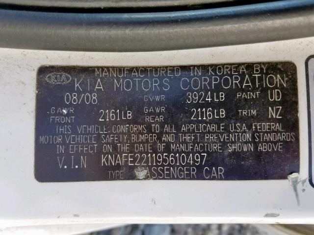 KNAFE221195610497 - 2009 KIA SPECTRA EX WHITE photo 10