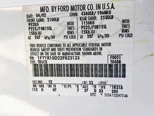 1FTYR10D22PB23133 - 2002 FORD RANGER WHITE photo 10