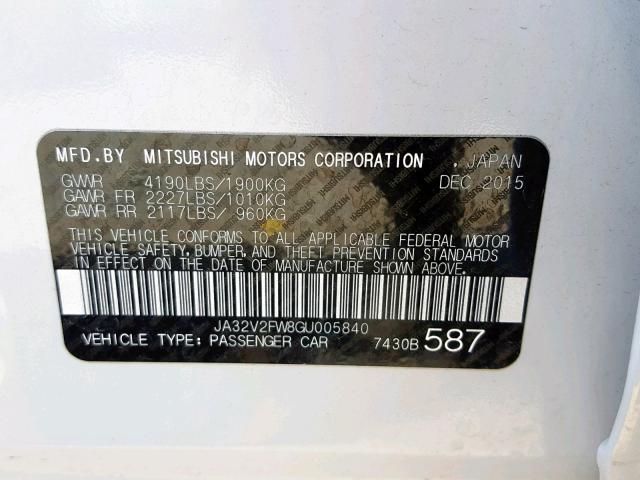 JA32V2FW8GU005840 - 2016 MITSUBISHI LANCER ES WHITE photo 10