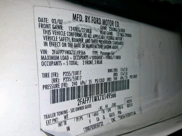 2FAFP71WX7X149566 - 2007 FORD CROWN VICT WHITE photo 10