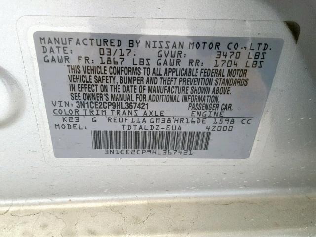 3N1CE2CP9HL367421 - 2017 NISSAN VERSA NOTE SILVER photo 10