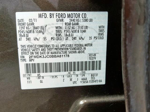 2FMDK3JC0BBA81178 - 2011 FORD EDGE SEL BROWN photo 10