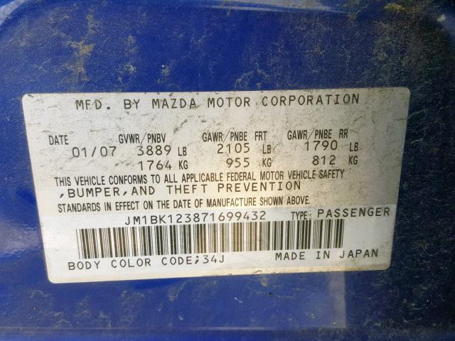 JM1BK123871699432 - 2007 MAZDA 3 S BLUE photo 10