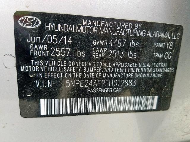 5NPE24AF2FH012883 - 2015 HYUNDAI SONATA SE SILVER photo 10