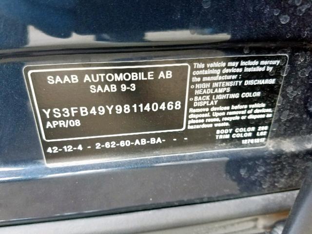 YS3FB49Y981140468 - 2008 SAAB 9-3 2.0T BLUE photo 10