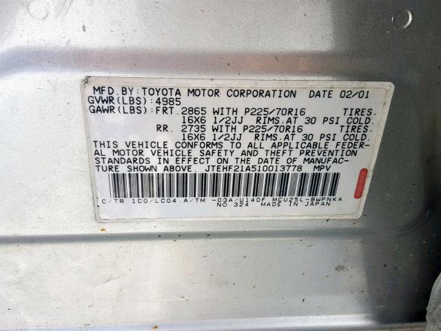 JTEHF21A510013778 - 2001 TOYOTA HIGHLANDER SILVER photo 10