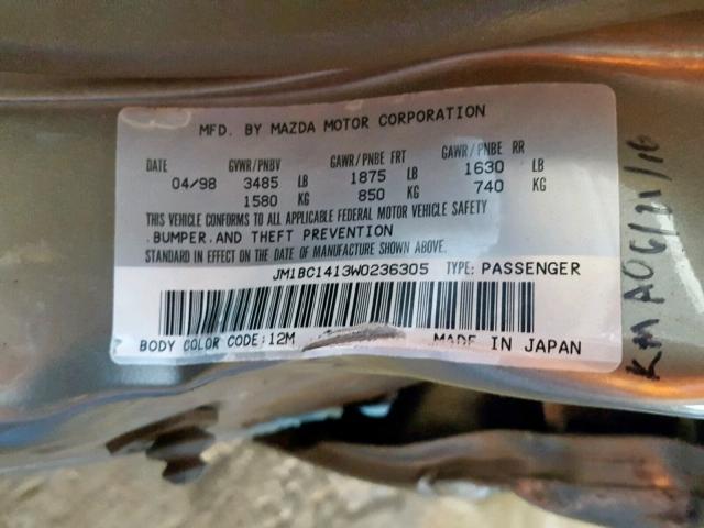 JM1BC1413W0236305 - 1998 MAZDA PROTEGE DX GOLD photo 10