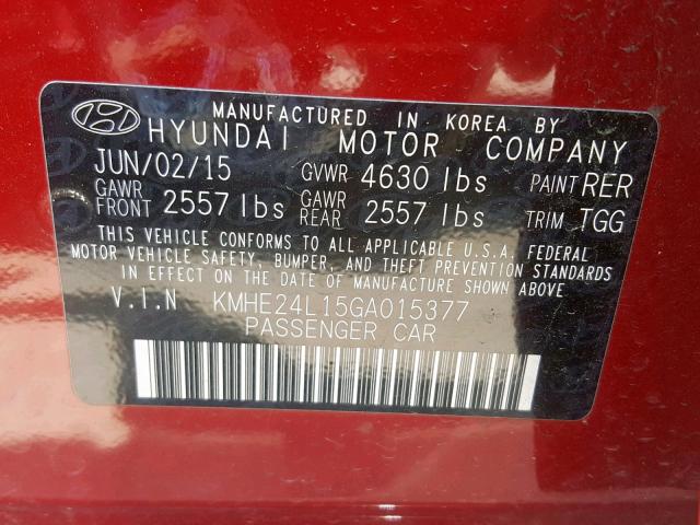 KMHE24L15GA015377 - 2016 HYUNDAI SONATA HYB RED photo 10