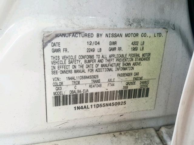 1N4AL11D55N450925 - 2005 NISSAN ALTIMA S WHITE photo 10