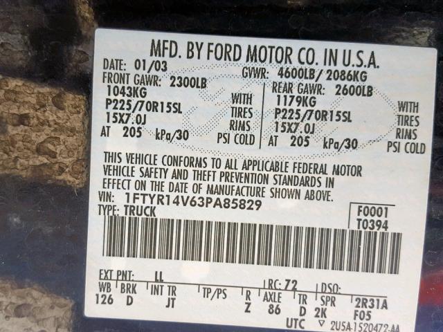 1FTYR14V63PA85829 - 2003 FORD RANGER SUP BLUE photo 10