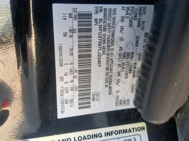 5LMFU27567LJ22407 - 2007 LINCOLN NAVIGATOR შავი ფოტო 10