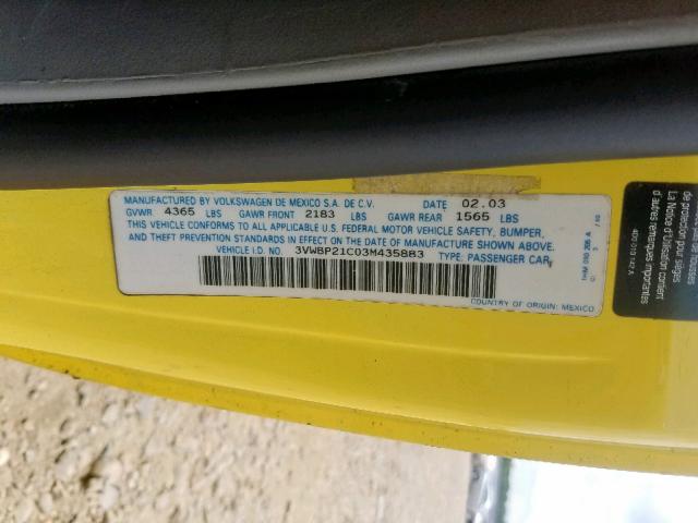 3VWBP21C03M435883 - 2003 VOLKSWAGEN NEW BEETLE ყვითელი ფოტო 10