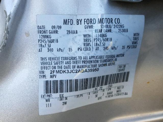 2FMDK3JC2ABA35950 - 2010 FORD EDGE SEL SILVER photo 10