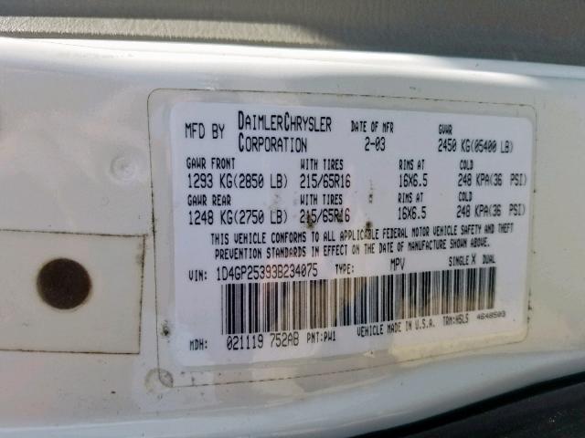 1D4GP25393B234075 - 2003 DODGE CARAVAN SE WHITE photo 10